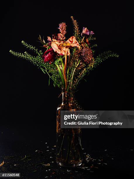 still life of flowers - glass vase black background foto e immagini stock