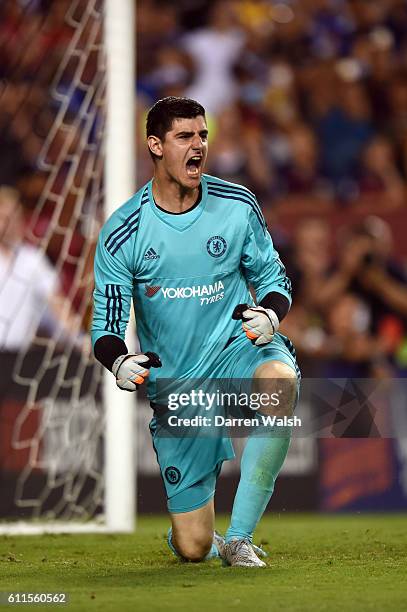 Chelsea's Thibaut Courtois celebrates saving a penalty during the penalty shootout during a Pre Season Friendly match between Barcelona and Chelsea...