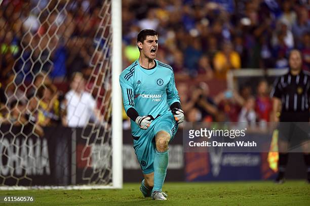 Chelsea's Thibaut Courtois celebrates saving a penalty during the penalty shootout during a Pre Season Friendly match between Barcelona and Chelsea...