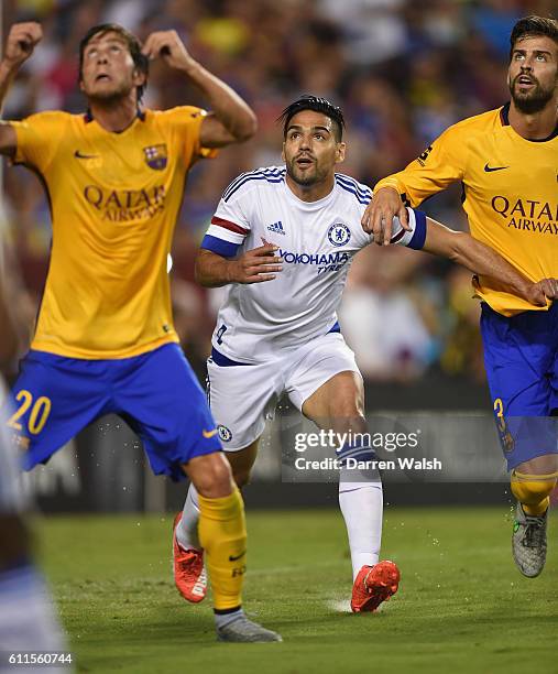 Chelsea's Radamel Falcao and Barcelona's Gerard Pique during a Pre Season Friendly match between Barcelona and Chelsea at FedEx Field on 28th July...