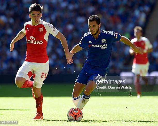 Arsenal's Hector Bellerin and Chelsea's Eden Hazard battle for the ball