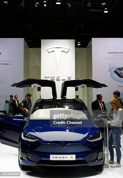 Tesla model X automobile is on display during the second press day of the Paris Motor Show on September 30 in Paris, France. The Paris Motor Show...