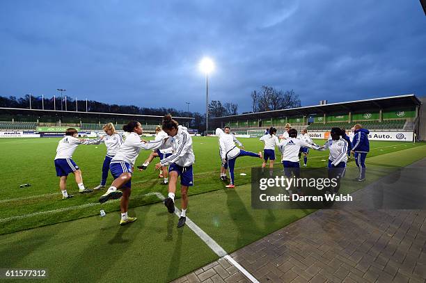 Chelsea Ladies during a training session before a UEFA Women's Champions League round of 16 2nd leg match between Vfl Wolfsburg and Chelsea Ladies at...