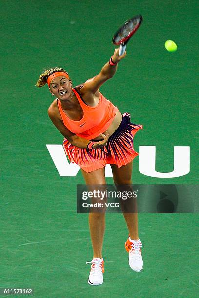 Petra Kvitova of the Czech Republic serves during the women's singles semi-final match against Simona Halep of Romania on day six of the 2016 WTA...