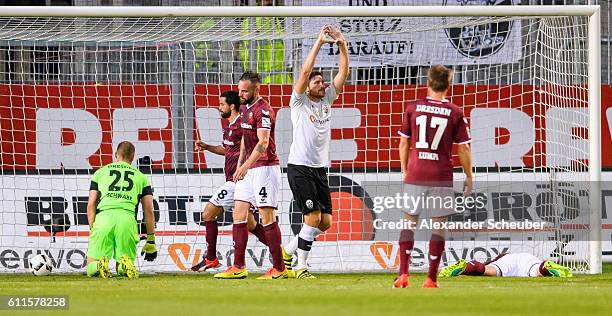 Tim Kister of Sandhausen celebrates the second goal for his team during the Second Bundesliga match between SV Sandhausen and SG Dynamo Dresden at...