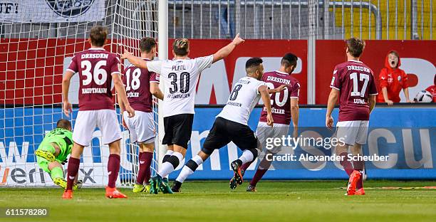 Andrew Wooten of Sandhausen celebrates the first goal for his team during the Second Bundesliga match between SV Sandhausen and SG Dynamo Dresden at...