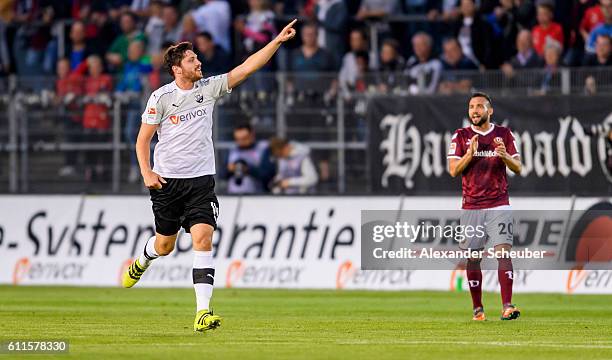 Tim Kister of Sandhausen celebrates the second goal for his team during the Second Bundesliga match between SV Sandhausen and SG Dynamo Dresden at...