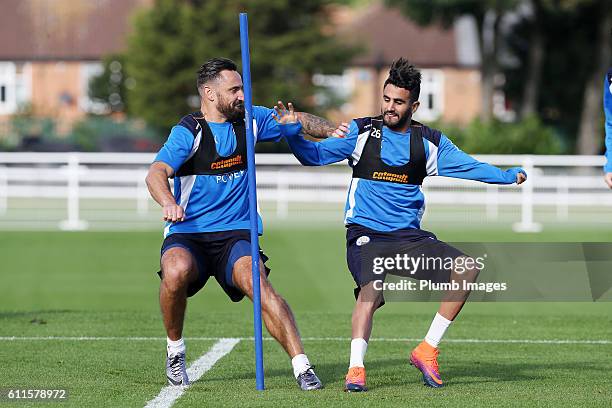 Marcin Wasilewski and Riyad Mahrez during the Leicester City training session at Belvoir Drive Training Facility on September 30 , 2016 in Leicester,...