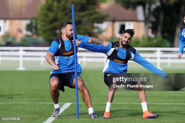 Marcin Wasilewski and Riyad Mahrez during the Leicester City training session at Belvoir Drive Training Facility on September 30 , 2016 in Leicester,...