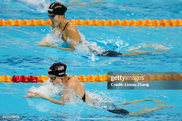 Katie Meili of the United States compete in the Women's 100m Breaststroke on day one of the FINA swimming world cup 2016 at the National Aquatics...