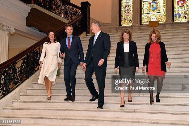 Crown Prince Frederik and HRH Princess Mary of Denmark are met by Massachusetts Governor Charlie Baker and Mrs. Baker and Lt. Governor Karen Polito...