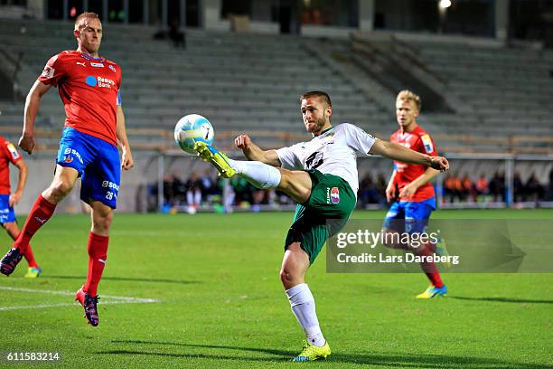 Peter Larsson of Helsingborgs IF and Mats Goberg Solheim of Hammarby IF during the Allsvenskan match between Helsingborgs IF and Hammarby IF at...