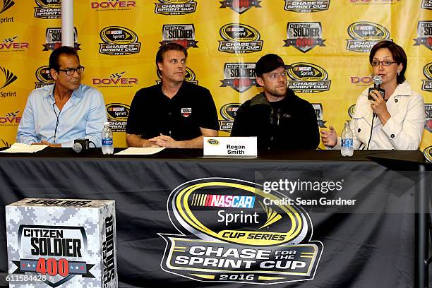 Bert Bedrosian, Christian Tureaud, Regan Smith, driver of the Citizen Soldier Chevrolet, and Wendy Anderson speak to the media during a press...