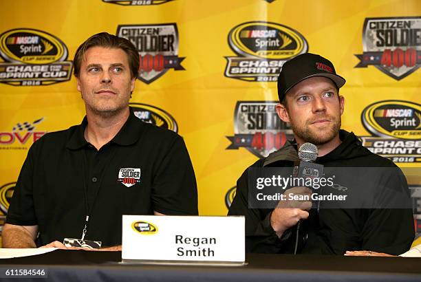 Christian Tureaud and Regan Smith, driver of the Citizen Soldier Chevrolet speak to the media during a press conference for the film Citizen Soldier...