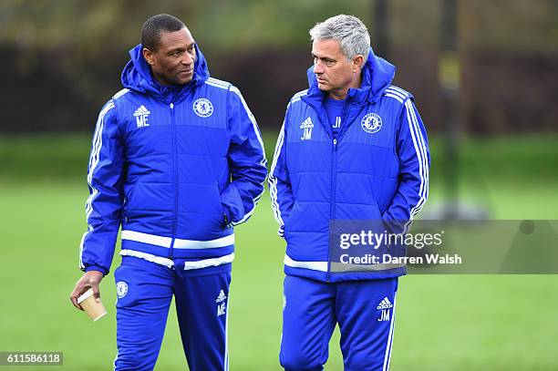 Chelsea's Michael Emenalo, Jose Mourinho during a training session at the Cobham Training Ground on 20th November 2015 in Cobham, England.