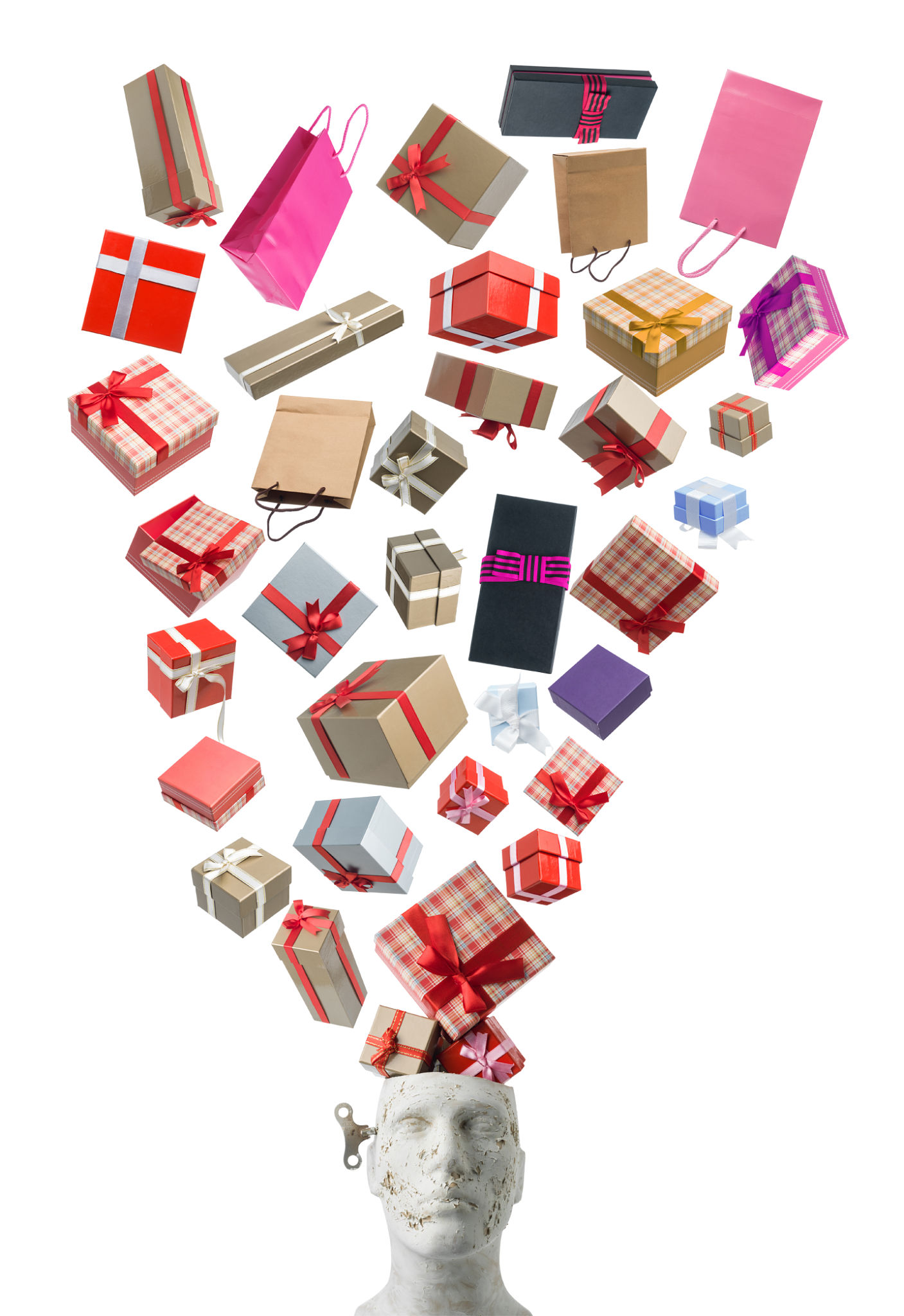 Gift Boxes With Ribbons Falling Into Plastic Mannequin Head Gift Boxes With Ribbons Falling Into Plastic Mannequin Head