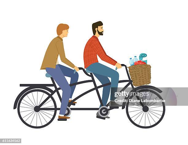 illustrazioni stock, clip art, cartoni animati e icone di tendenza di due persone in sella a una bici tandem - tandem bicycle