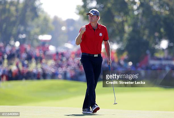 Brandt Snedeker of the United States reacts after a putt on the second green during afternoon fourball matches of the 2016 Ryder Cup at Hazeltine...