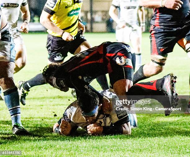 Corey Flynn of Glasgow Warriors scores his sides first try during the Guinness PRO12 Round 5 match between Newport Gwent Dragons and Glasgow Warriors...