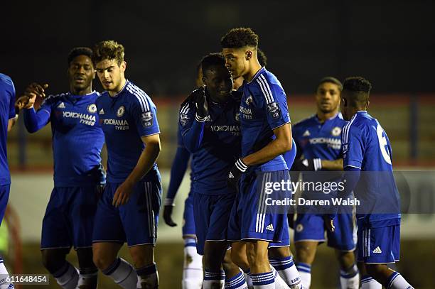 Chelsea's Jake Clarke-Salter celebrates his goal during a Barclays Under 21 Premier League match between Chelsea U21 and Leicester City U21 at The...