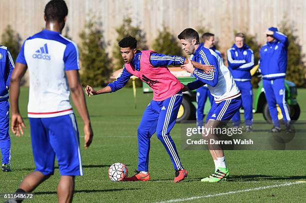 Chelsea's Gary Cahill, Jake Clarke-Salter during a training session at the Cobham Training Ground on 19th February 2016 in Cobham, England.