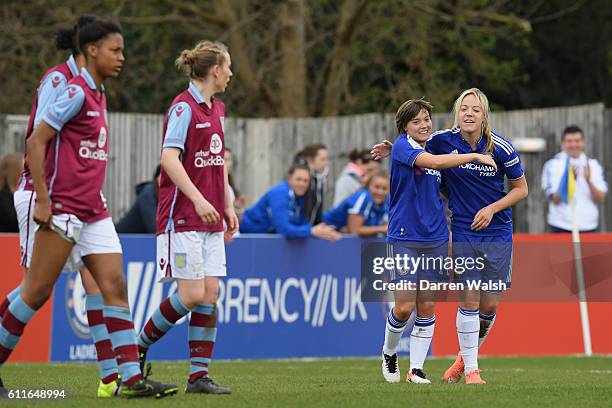 Chelsea Ladies Fran Kirby celebrates her goal with Gemma Davison during a Women's FA Cup 6th Round match between Chelsea Ladies and Aston Villa...