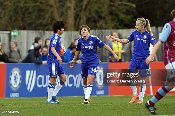 Chelsea Ladies Fran Kirby celebrates her goal with Gemma Davison during a Women's FA Cup 6th Round match between Chelsea Ladies and Aston Villa...