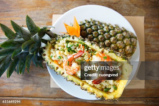 Rice with prawn and spices baked in pineapple Rice with prawn and spices baked in pineapple