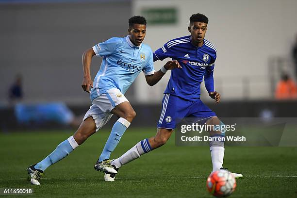 Chelsea's Jake Clarke-Salter and Manchester City's Lukas Nmecha during the FA Youth Cup Final 1st Leg match between Manchester City U18 and Chelsea...