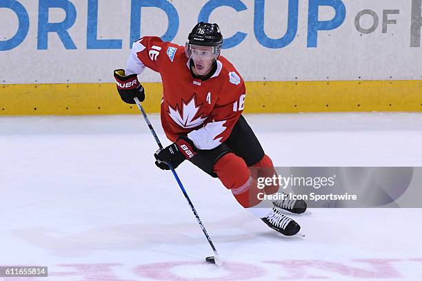 Team Canada Forward Jonathan Toews controls the puck during the first WCOH best of three final game between Team Europe and Team Canada at Air Canada...