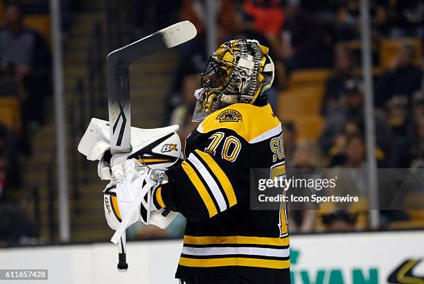 Boston Bruins goalie Malcolm Subban [7256] gets set for the second period. The Detroit Red Wings defeated the Boston Bruins 5-1 in a pre-season NHL...