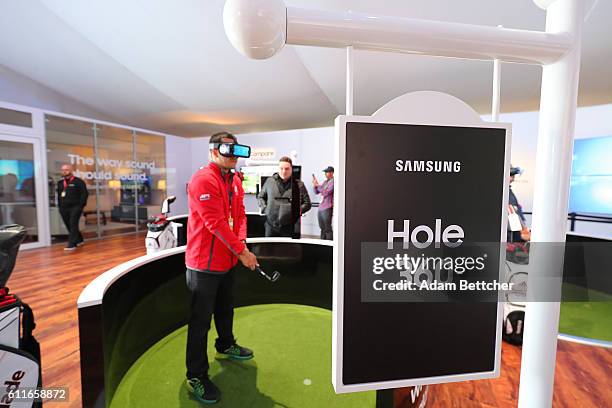 Consumers enjoy the Hole 360 with Samsung Gear VR powered by Oculus at The Samsung Experience at the Ryder Cup 2016 on September 30, 2016 in Chaska,...