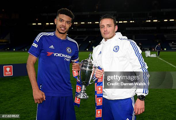 Chelsea's Jake Clarke-Salter and manager Joe Edwards celebrate with the trophy