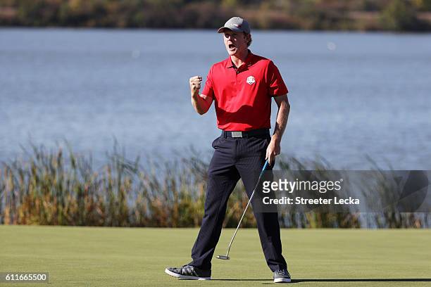 Brandt Snedeker of the United States reacts to a putt on the 11th green during afternoon fourball matches of the 2016 Ryder Cup at Hazeltine National...