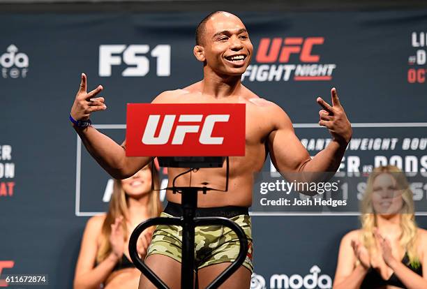 John Dodson steps onto the scale during the UFC Fight Night weigh-in at the Oregon Convention Center on September 30, 2016 in Portland, Oregon.