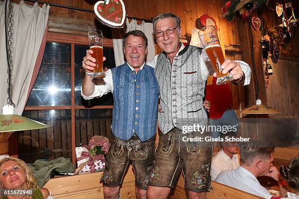 Patrick Lindner celebrates his birthday with his partner Peter Schaefer during the Oktoberfest at Weinzelt / Theresienwiese on September 30, 2016 in...