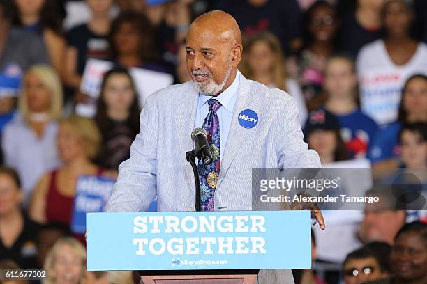 United States Congressman Alcee Hastings speaks before the arrival of Democratic presidential candidate Hillary Clinton during a campaign rally at...
