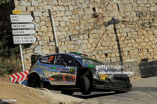 Lorenzo Bertelli of Italy and Simone Scattolin of Italy compete in their FWRT Ford Fiesta RS WRC during Day One of the WRC France on September 30,...