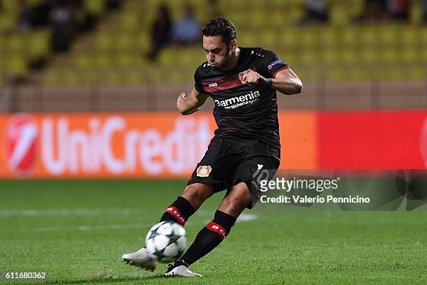 Hakan Calhanoglu of Bayer 04 Leverkusen in action during the UEFA Champions League Group E match between AS Monaco FC and Bayer 04 Leverkusen at...