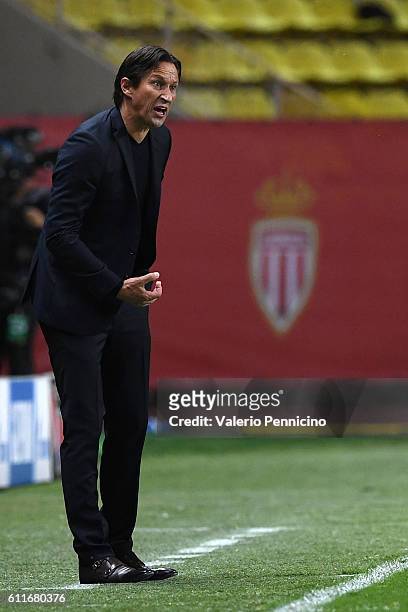 Bayer 04 Leverkusen head coach Roger Schmidt reacts during the UEFA Champions League Group E match between AS Monaco FC and Bayer 04 Leverkusen at...