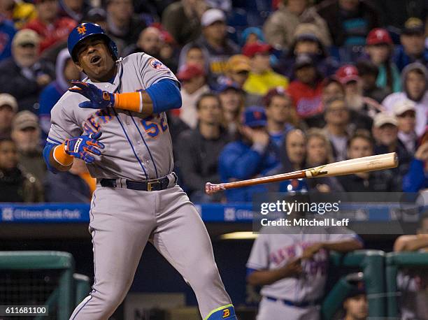 Yoenis Cespedes of the New York Mets avoids getting hit by the pitch in the top of the eighth inning against the Philadelphia Phillies at Citizens...
