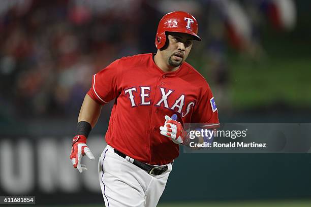 Carlos Beltran of the Texas Rangers runs the bases after hitting a homerun in the fourth inning against the Tampa Bay Rays at Globe Life Park in...
