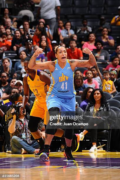 Erika de Souza of the Chicago Sky reacts during the game against the Los Angeles Sparks in Game Two of the Semifinals during the 2016 WNBA Playoffs...