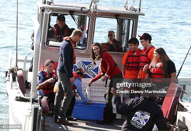 Catherine, Duchess of Cambridge and Prince William, Duke of Cambridge head out on a fishing trip with Skidegate youth centre children during the...