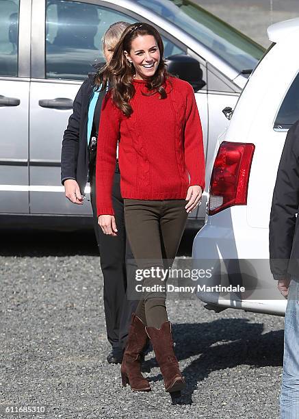 Catherine, Duchess of Cambridge arrives to head out on a fishing trip with Skidegate youth centre children during the Royal Tour of Canada on...