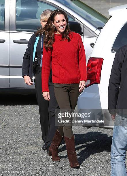 Catherine, Duchess of Cambridge arrives to head out on a fishing trip with Skidegate youth centre children during the Royal Tour of Canada on...