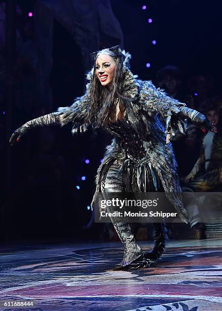 Actress and singer Leona Lewis appears on stage during the curtain call when Grumpy Cat Visits The Broadway Cast of "Cats" at Neil Simon Theatre on...