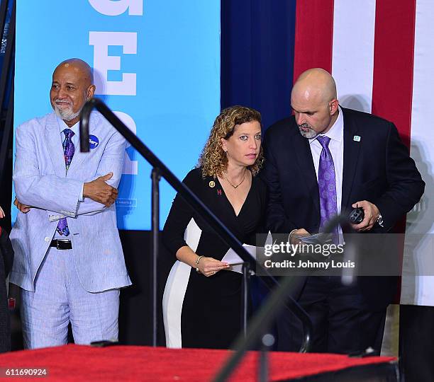 United States Congressman Alcee Hastings, Rep. Debbie Wasserman Schultz and Raul Martinez attend the Democratic presidential candidate Hillary...