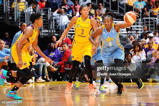 Clarissa Dos Santos of the Chicago Sky handles the ball against the Los Angeles Sparks in Game Two of the Semifinals during the 2016 WNBA Playoffs on...