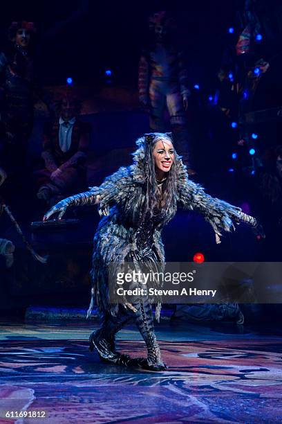 Leona Lewis on stage during the curtain call when Grumpy Cat Visits The Broadway Cast of "Cats" at Neil Simon Theatre on September 30, 2016 in New...